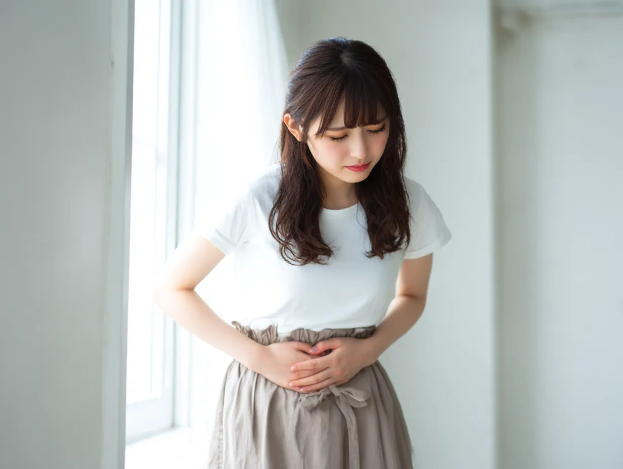 若い女性のお腹が痛い写真｜白いトップスとナチュラルなスカート姿の若い女性が、窓辺でお腹を押さえて苦しそうに前屈みになる姿を、明るい自然光と爽やかな背景で清潔感をもって描いています。