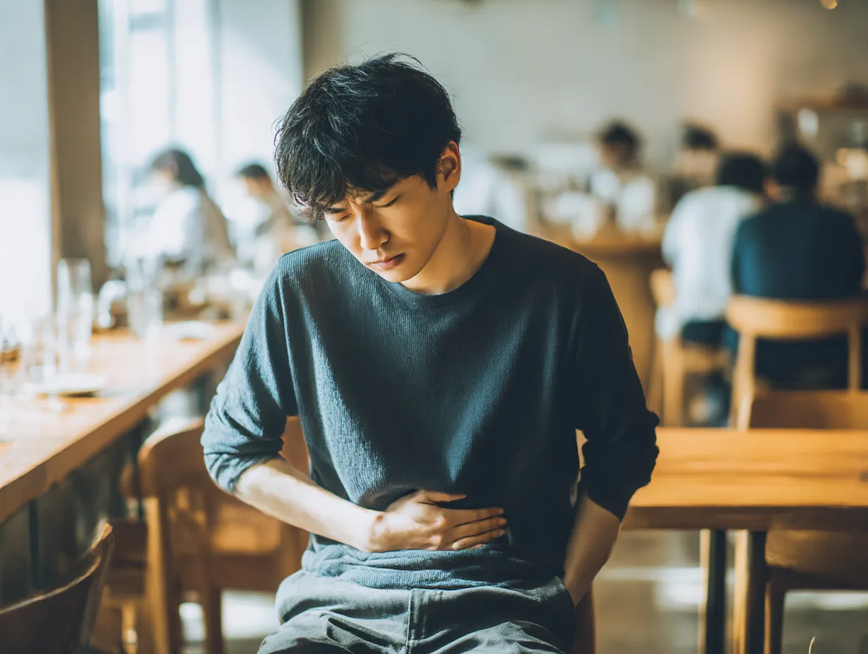 若い男性のお腹が痛い写真｜カフェの一角で、若い男性がテーブルに手をついてお腹を押さえる様子を、ややくすんだ色調とボケ味のある背景で柔らかく描写。外出先での急な体調不良を自然に表現しています。