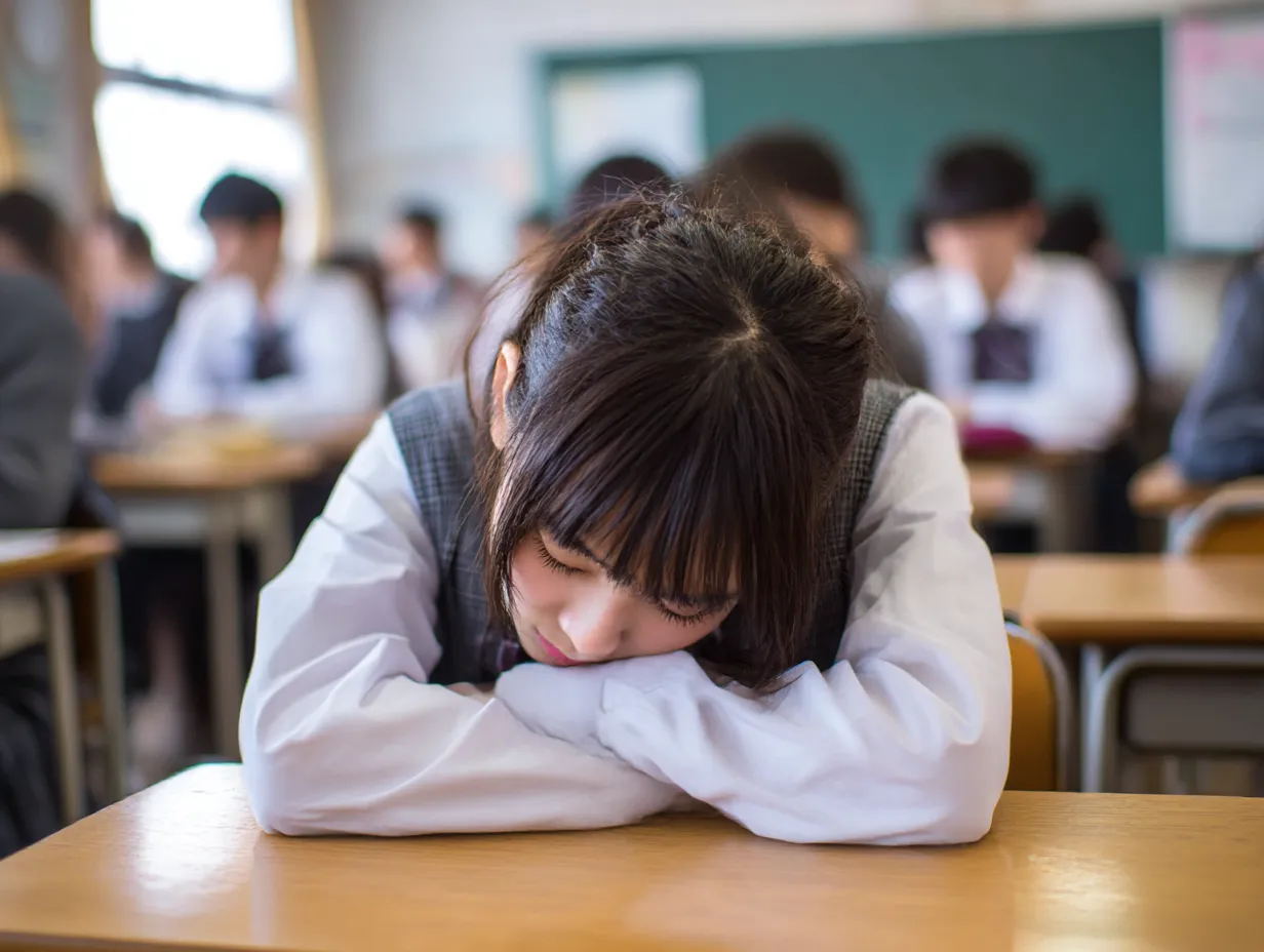 女子学生のお腹が痛い写真｜教室内で机に伏せた女子学生の姿を、ぼかし気味の背景と明るい光で描写。制服姿のまま疲れた様子で休む様子が、学校生活の中での不調や不快感をやさしく伝えています。