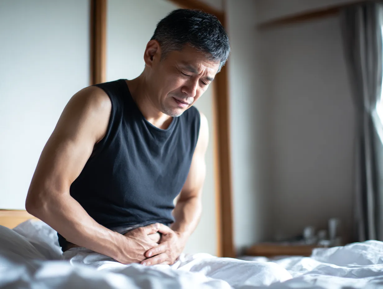 中年男性のお腹が痛い写真｜ベッドに座った中年男性がタンクトップ姿で下腹部を押さえ、痛みに耐える表情を見せる構図。朝の寝起きや深夜の急変など、生活のリアルな一瞬を丁寧に表現しています。