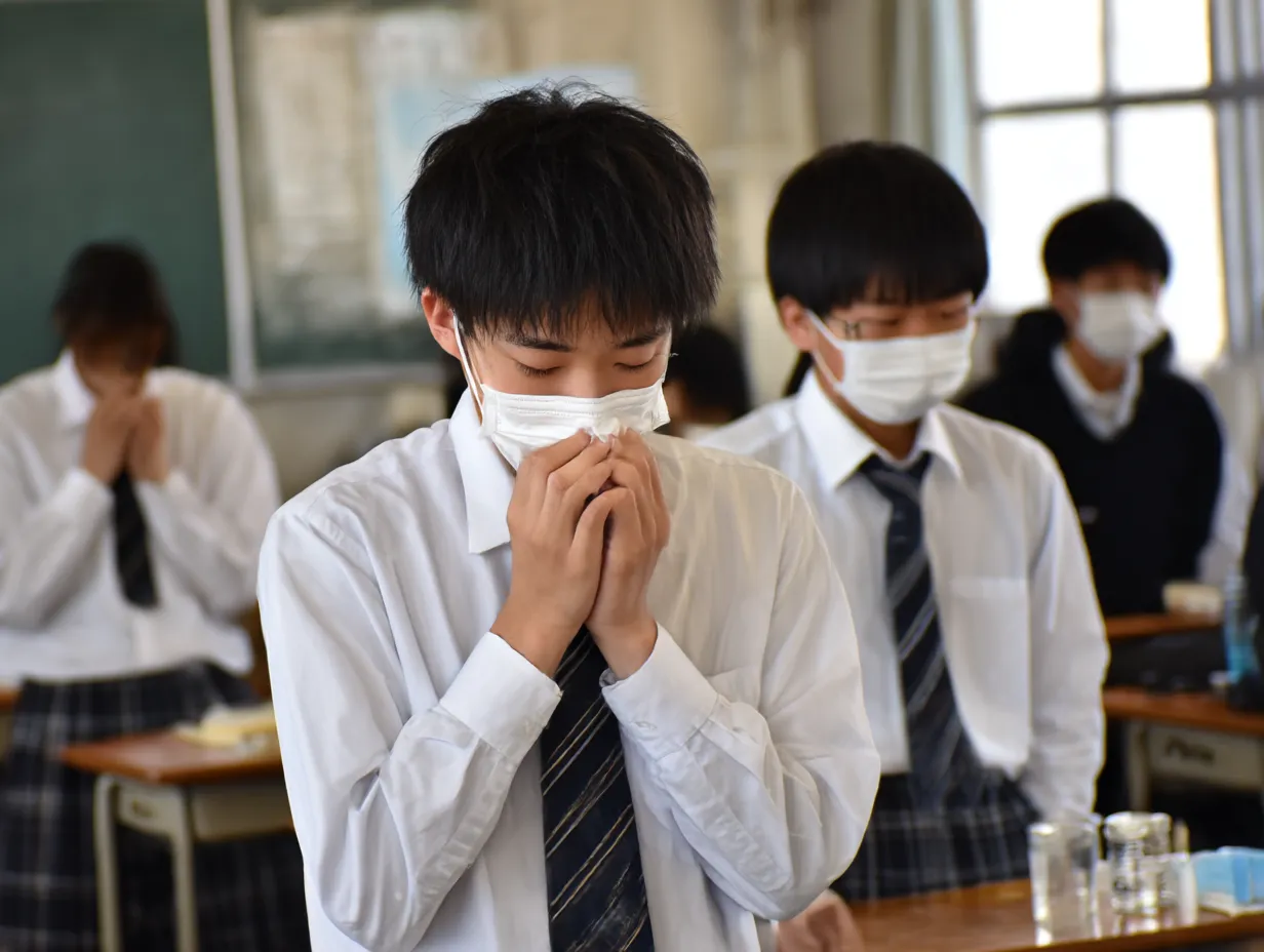 男子学生の咳写真｜教室で白い制服を着た男子学生がマスク越しに咳をする姿を、クラスメイトの背景とともに捉えたリアルな場面。集団生活での感染リスクや体調不良を静かに訴える構図です。