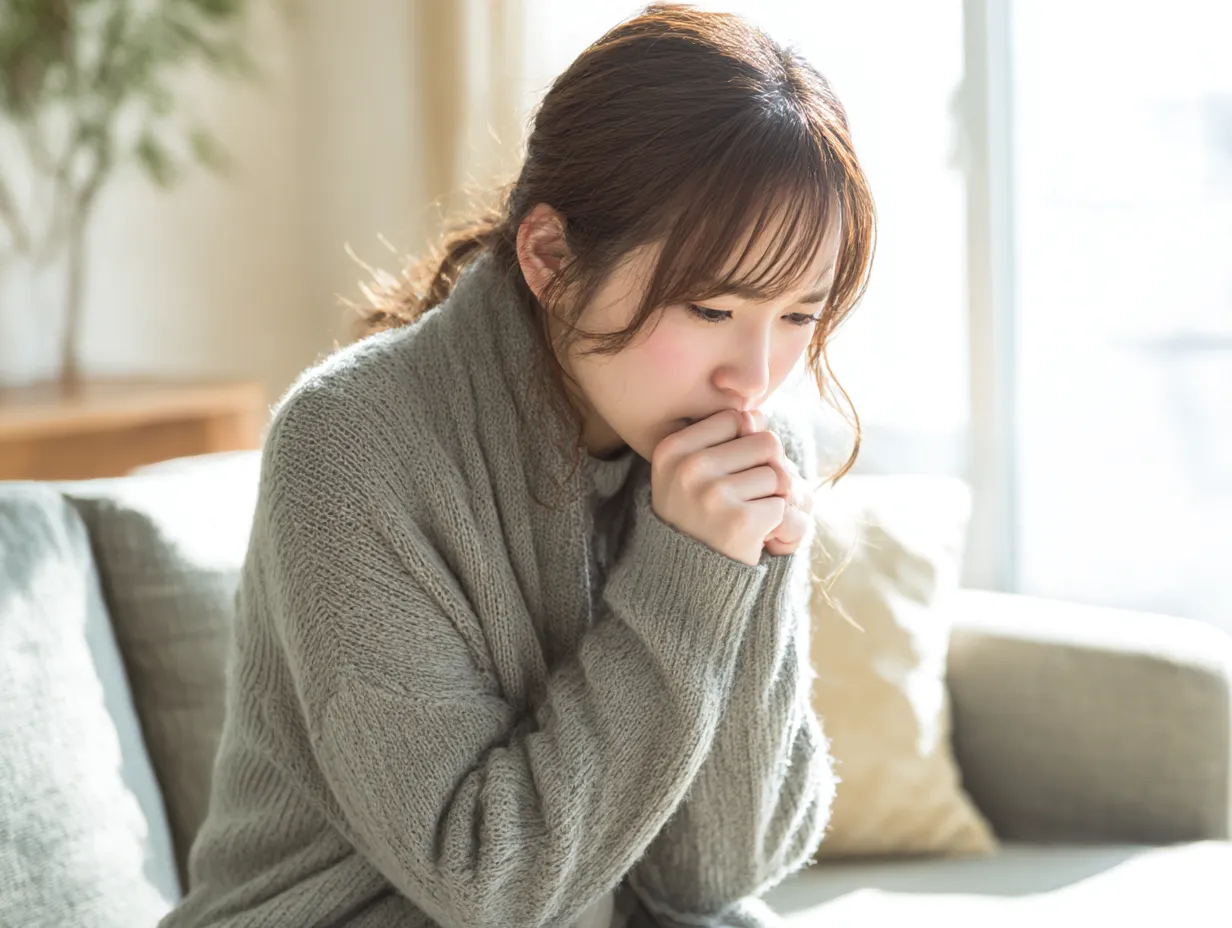若い女性の咳写真｜明るいリビングで厚手のカーディガンを着た若い女性が咳を抑えこむように両手で口元を覆う様子が、優しい自然光で柔らかく描写されています。冬の寒さや風邪の症状を思わせる雰囲気です。