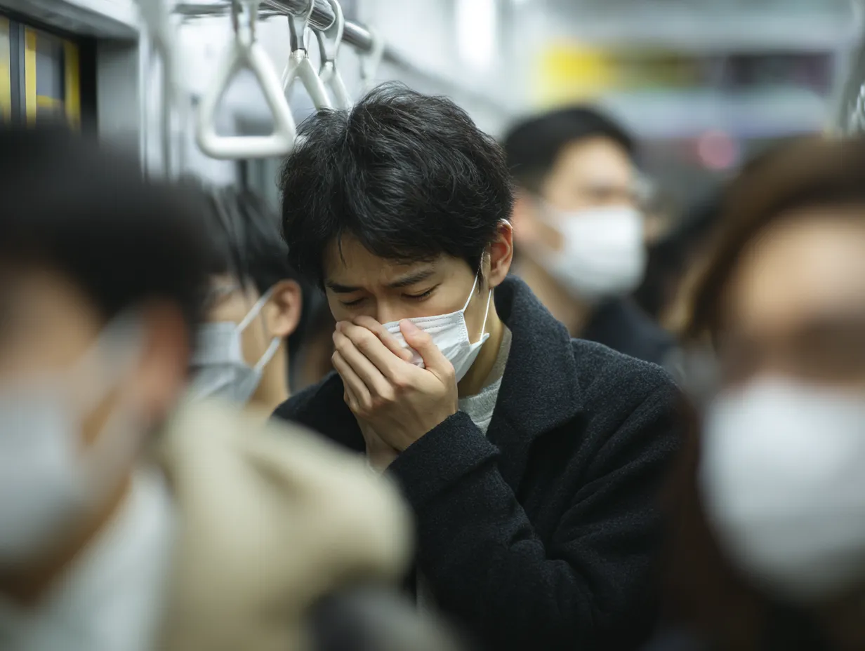 満員電車の男性の咳写真｜通勤電車の中でマスクをした若い男性が咳を我慢するように手を添える構図。混雑した背景と表情の描写から、周囲への気遣いと体調の不安が同時に伝わる緊張感ある場面です。