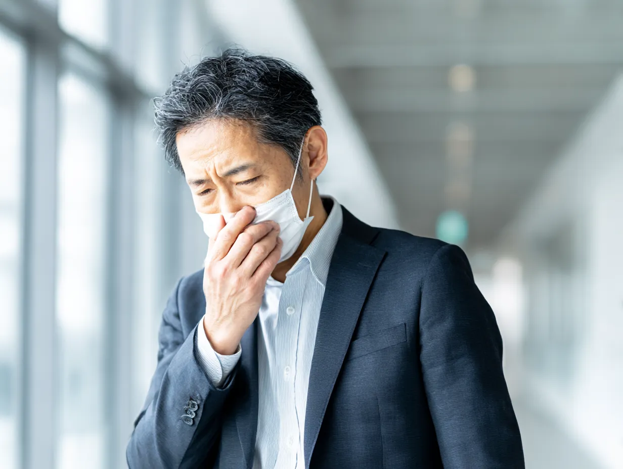 中年男性マスクの咳写真｜マスクをした中年男性が咳をしながら眉をしかめる様子を、現代的なビルの廊下で捉えた構図。感染予防と体調不良の両面を強調するリアルかつ誠実な演出がなされています。