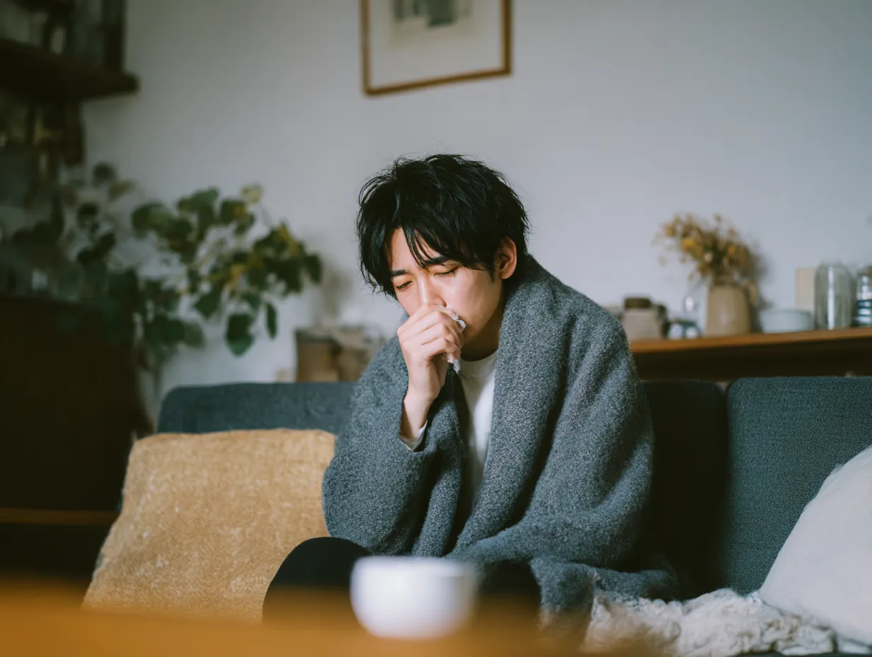 若い男性のくしゃみ写真｜自宅のソファでブランケットを羽織った若い男性が、くしゃみをこらえるように口元を覆う姿が、温かみのあるトーンと柔らかい照明で描かれています。風邪をひいた静かな午後を思わせる演出です。