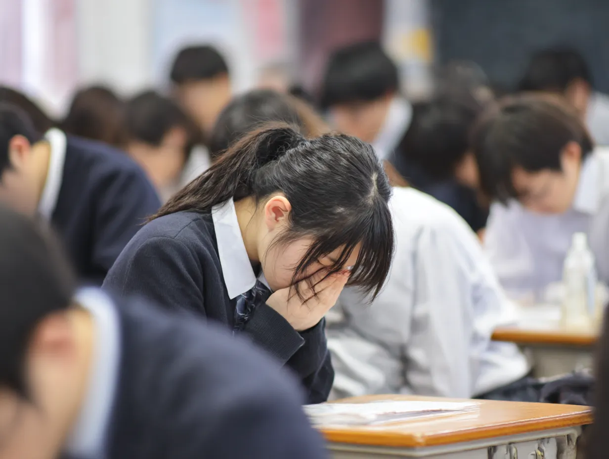 女子学生のくしゃみ写真｜教室の机にうつむくようにしてくしゃみをする女子学生が、試験中の緊張感と体調不良を同時に表すような場面として描かれています。制服と背景の教室がリアルな空気を演出しています。