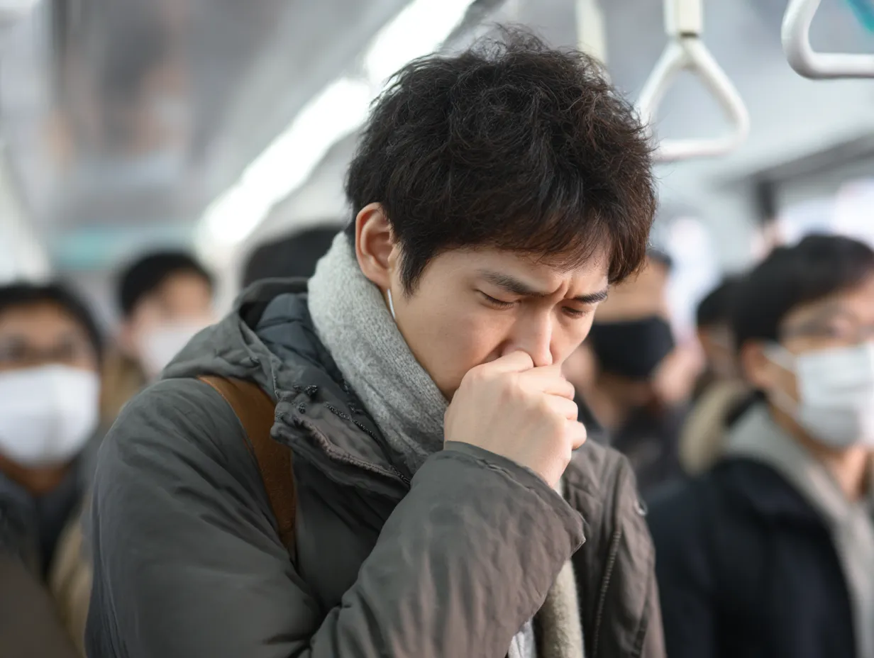 通勤中男性のくしゃみ写真｜混雑した車内で、厚着の男性がマフラー越しにくしゃみをこらえるような姿を捉えています。周囲の人々と密接な空間が、咳やくしゃみの緊張感を視覚的に強調しています。