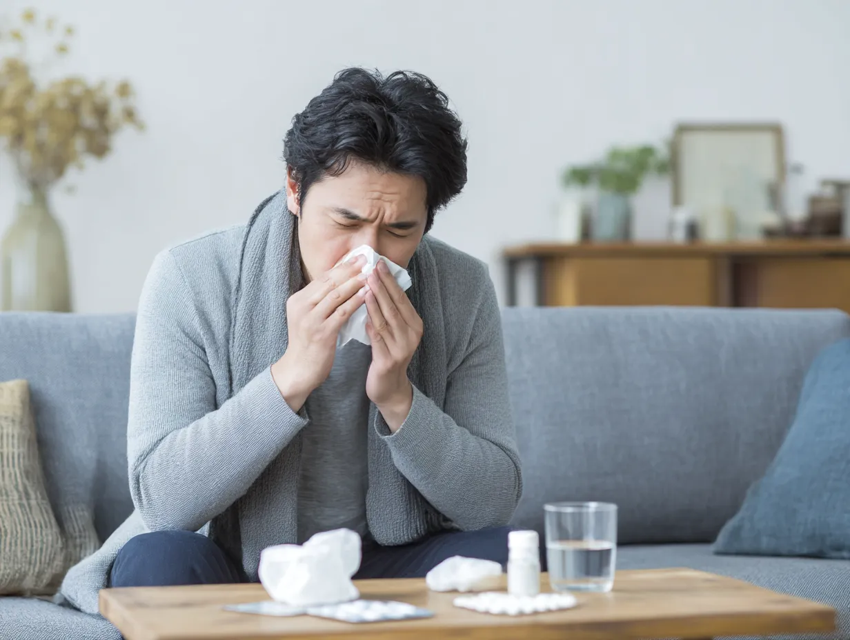 室内男性の花粉症写真｜室内でティッシュを手にしてくしゃみをする男性が、グレーの衣服と整った構図の中で描かれ、薬や水の配置により丁寧に花粉症のつらさが表現された静かな一枚です。