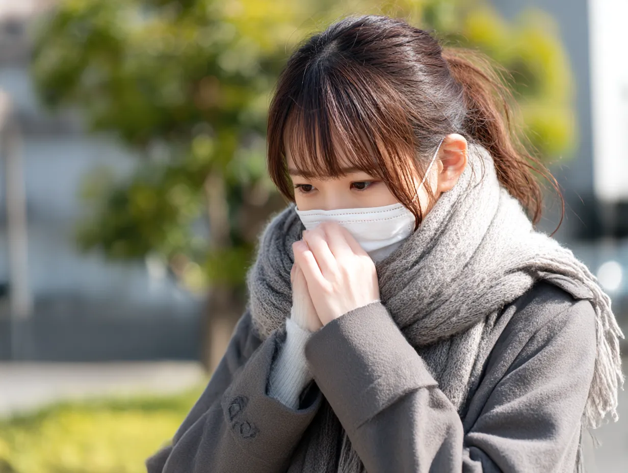 屋外女性の花粉症写真｜冬の装いの女性がマスクの上からくしゃみを抑える仕草をする姿を、柔らかい日差しと木々の緑を背景に描写。寒さと花粉の季節感がリアルに伝わる印象です。