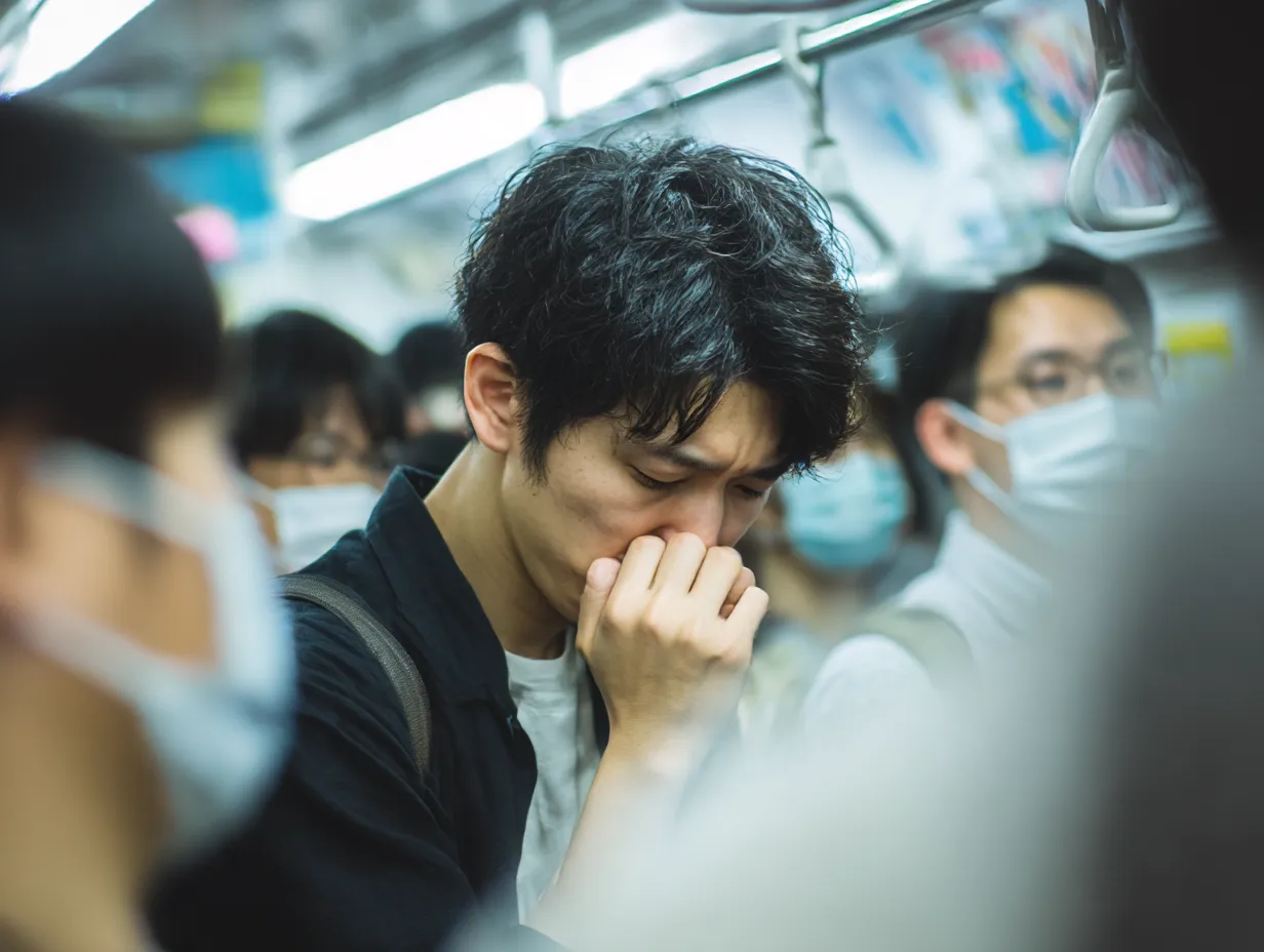 通勤中男性の花粉症写真｜満員電車内で口元を抑え、くしゃみに耐える若い男性が緊張感のある光と構図で描かれています。周囲の乗客のマスク姿が花粉症シーズンの空気を強調します。