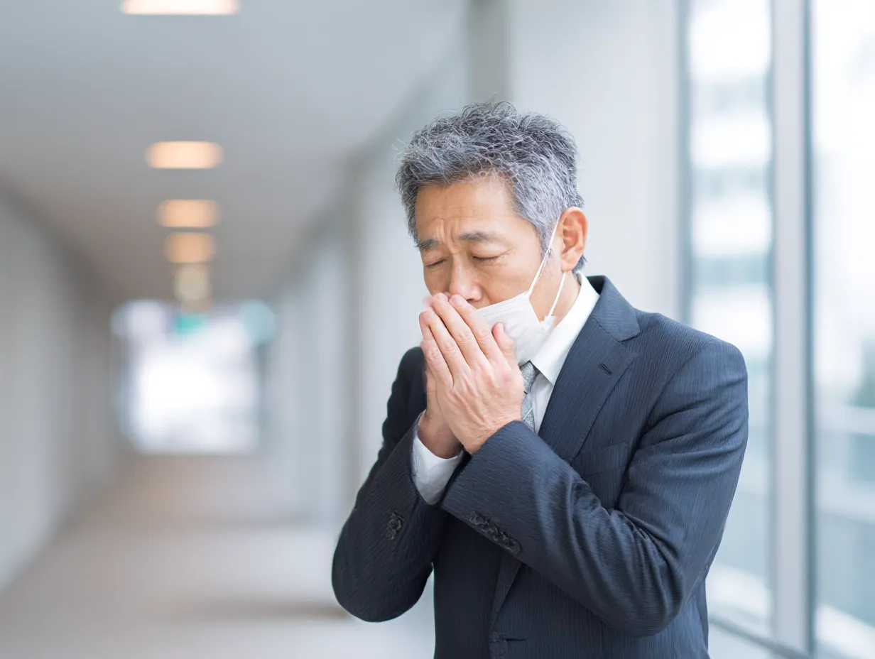 中年男性の花粉症写真｜スーツ姿の中年男性が屋内の明るい廊下でマスクを外してくしゃみをする瞬間を捉えた作品。ビジネスシーンにおけるリアルな体調不良を感じさせる丁寧な構図です。
