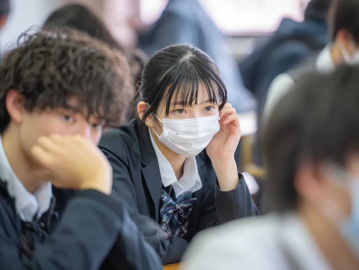 教室女子の花粉症写真｜マスクをつけた女子学生が教室で静かに耳に手を添える仕草が印象的な構図。周囲の生徒も同じ空気感で描かれ、集団の中の花粉症のリアルな存在感を伝えます。