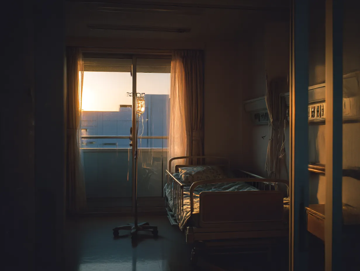 夕暮れの病室の入院写真｜夕日が差し込む静かな病室を捉えた入院写真。カーテン越しの光と点滴スタンドのシルエットが、孤独や希望といった感情を静かに表現している。