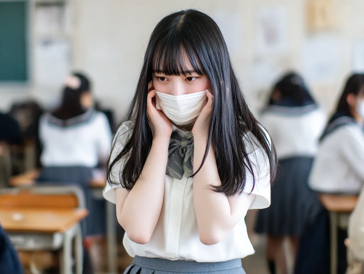 制服女子の花粉症写真｜セーラー服の女子学生が立ち姿でマスク越しに花粉症のつらさに耐えるような表情を見せる構図。教室の明るい光とともに日常の中の花粉症を丁寧に描いています。