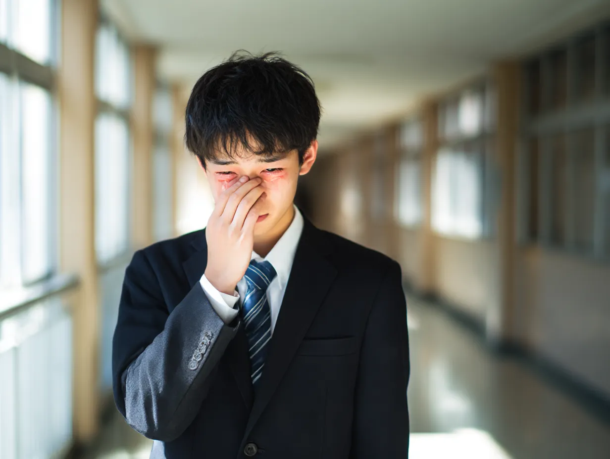 男子学生のアレルギー写真｜スーツ姿の男子学生が廊下で目をこする様子を捉えた写真。赤く腫れた目元から花粉やダニアレルギーのつらさをリアルに表現しており、自然光の差し込む校舎の雰囲気が印象的。