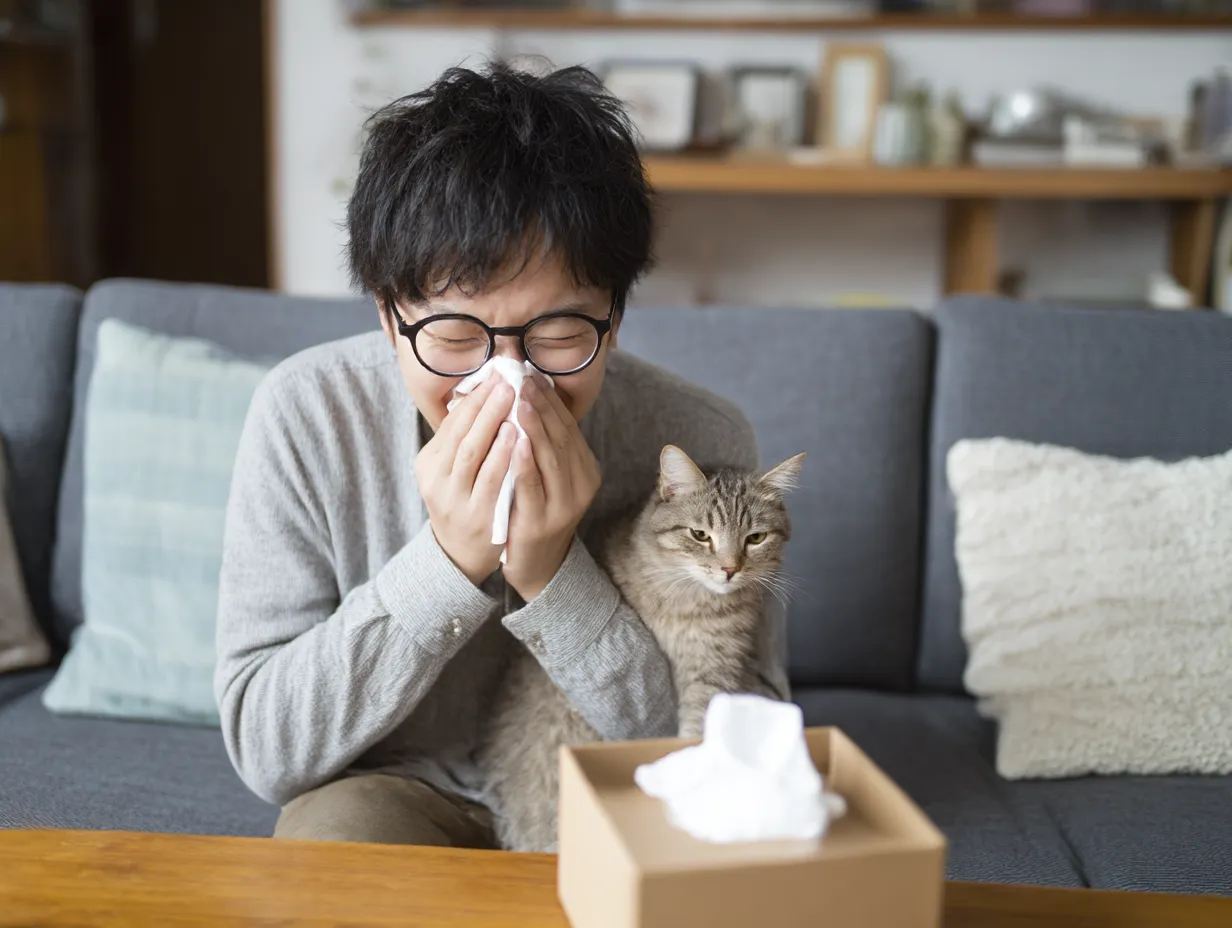 猫と青年のアレルギー写真｜猫アレルギーに苦しむ青年のリアルな瞬間を写した一枚。くしゃみをする青年と、無邪気に寄り添う猫との対比がユーモラスで、柔らかな室内光とナチュラルなトーンで日常のワンシーンを表現。