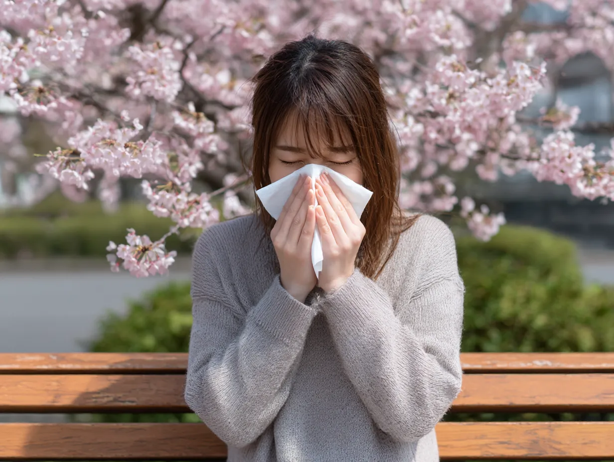 桜と女性のアレルギー写真｜春の桜並木の中で、鼻を押さえる女性の姿が印象的な写真。花粉症のつらさを象徴的に伝える構図で、やわらかい自然光と淡い桜色が季節感と同情を引き出す温かな仕上がり。