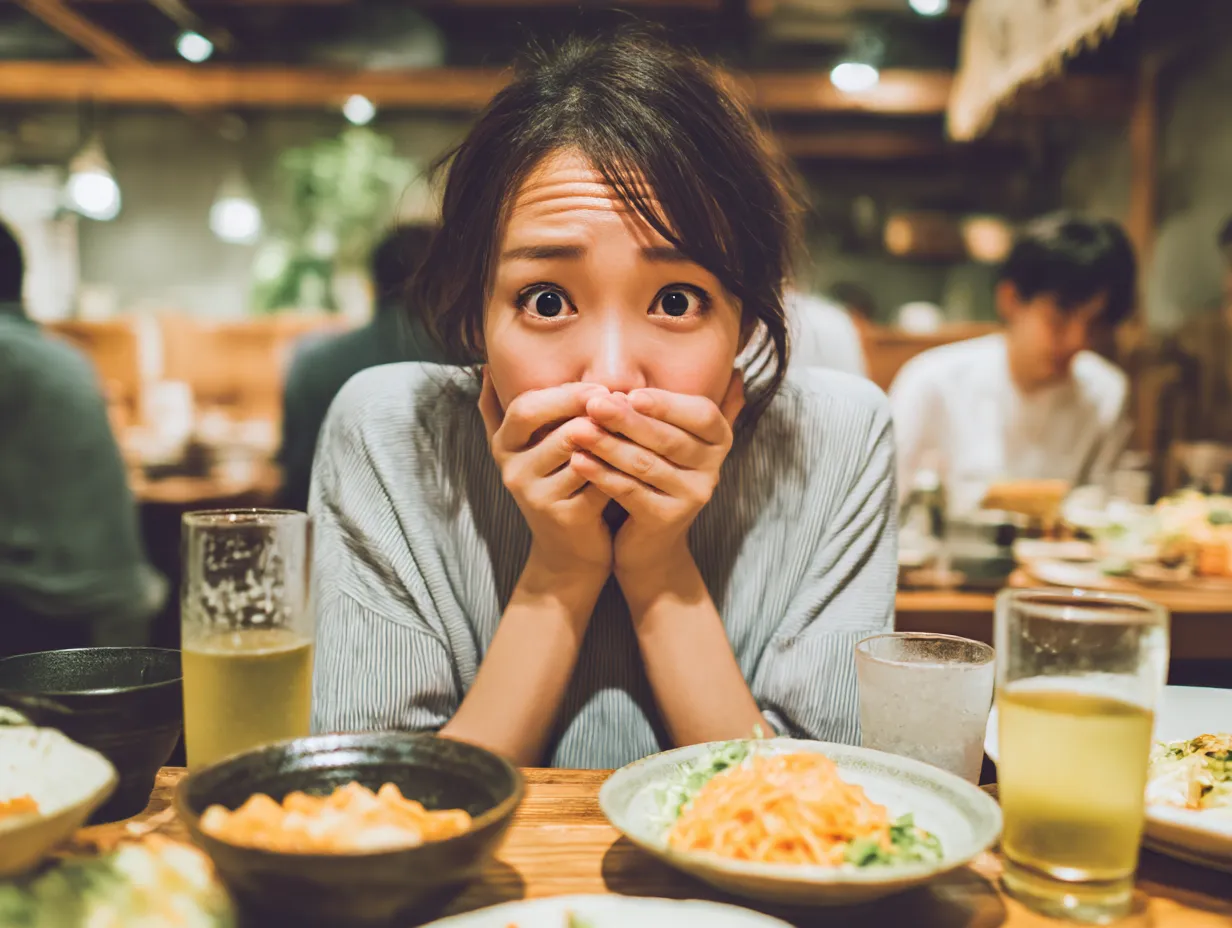 外食時の女性のアレルギー写真｜外食中にアレルギー反応を感じた女性の驚いた表情を切り取った作品。居酒屋風の温かみある店内に反して、手で口元を抑える緊張感がリアル。一瞬の不安をドキュメント調に描写。