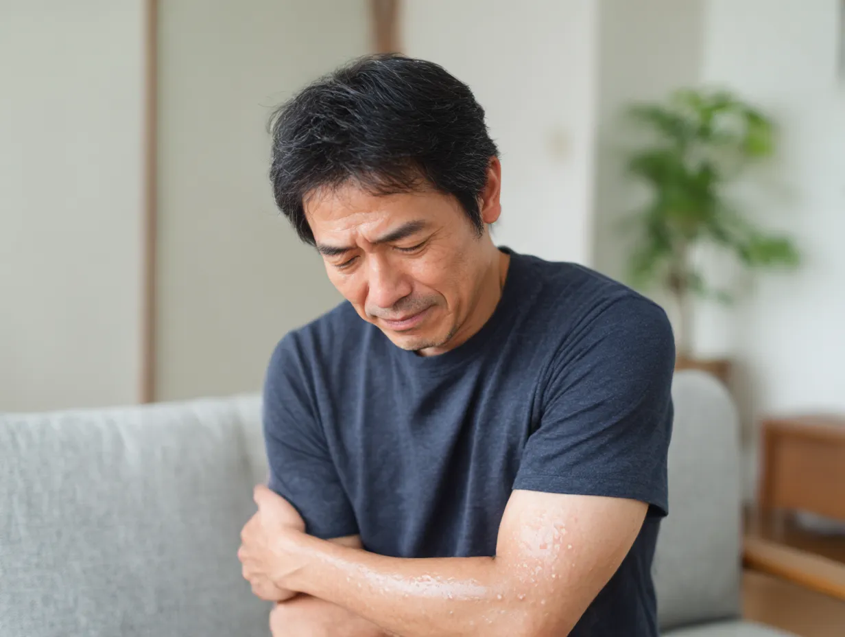 中年男性の皮膚アレルギー写真｜汗による皮膚アレルギーを抱えた中年男性のつらそうな表情と湿疹を写した写真。汗ばんだ腕を押さえるポーズと落ち着いた室内が、身体的不快感と静けさを対比させる落ち着いた描写。