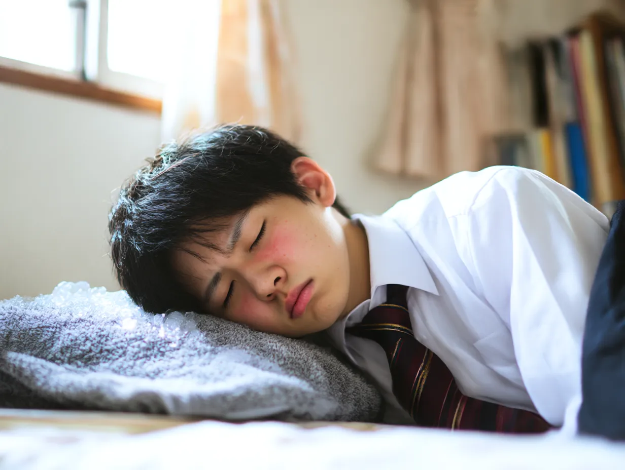 男子学生の発熱写真｜制服姿の男子学生が寝室で頬を赤らめながら眠る姿を捉えた写真。逆光と柔らかな色調が、発熱による倦怠感と静けさを優しく包み込むように演出している。