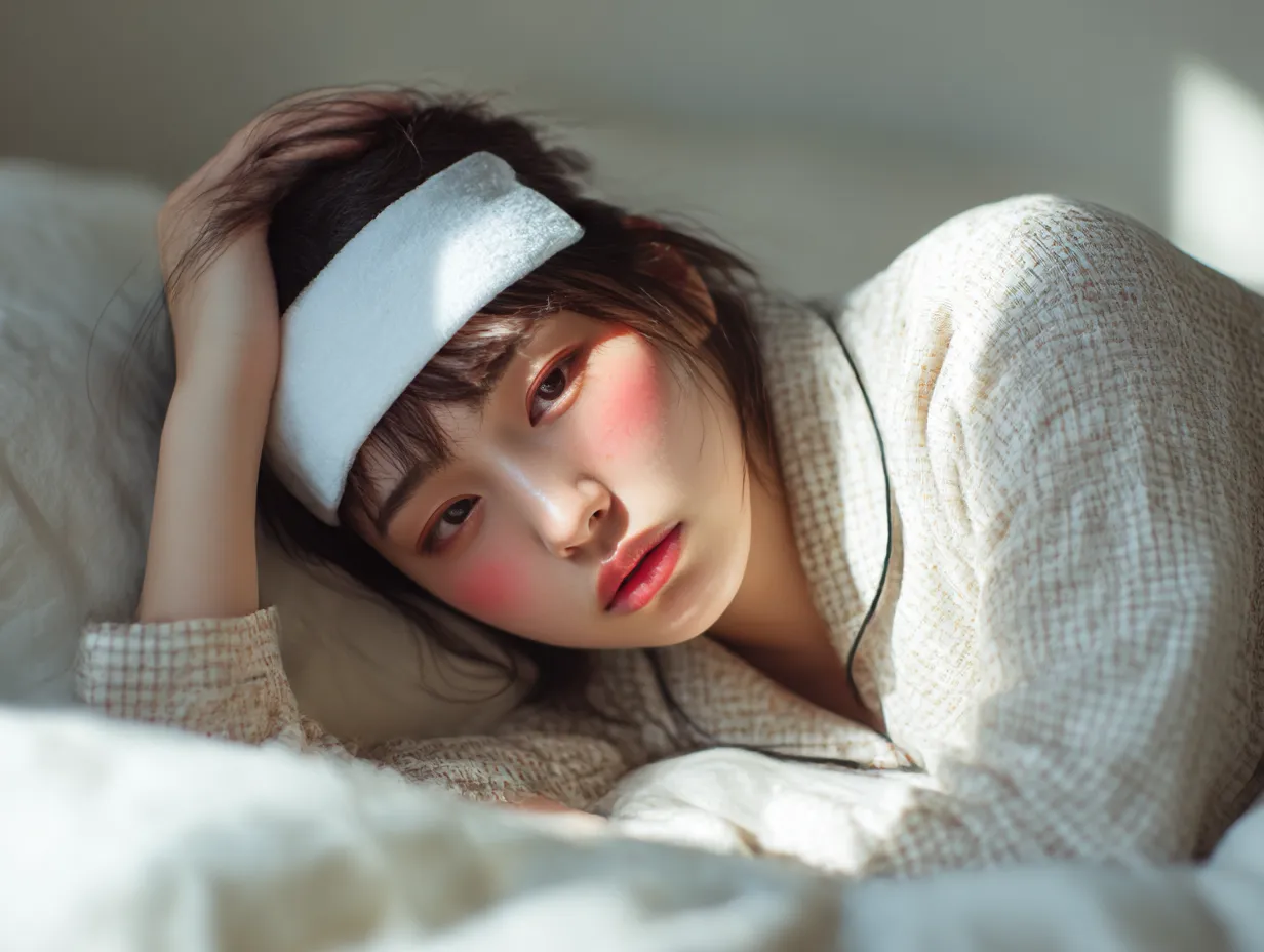 パジャマ女性の発熱写真｜ベッドで熱に苦しむパジャマ姿の女性が額に冷却シートを貼りながらこちらを見つめる構図。ふんわりとした自然光と白を基調としたトーンが儚さを強調する繊細な仕上がり。