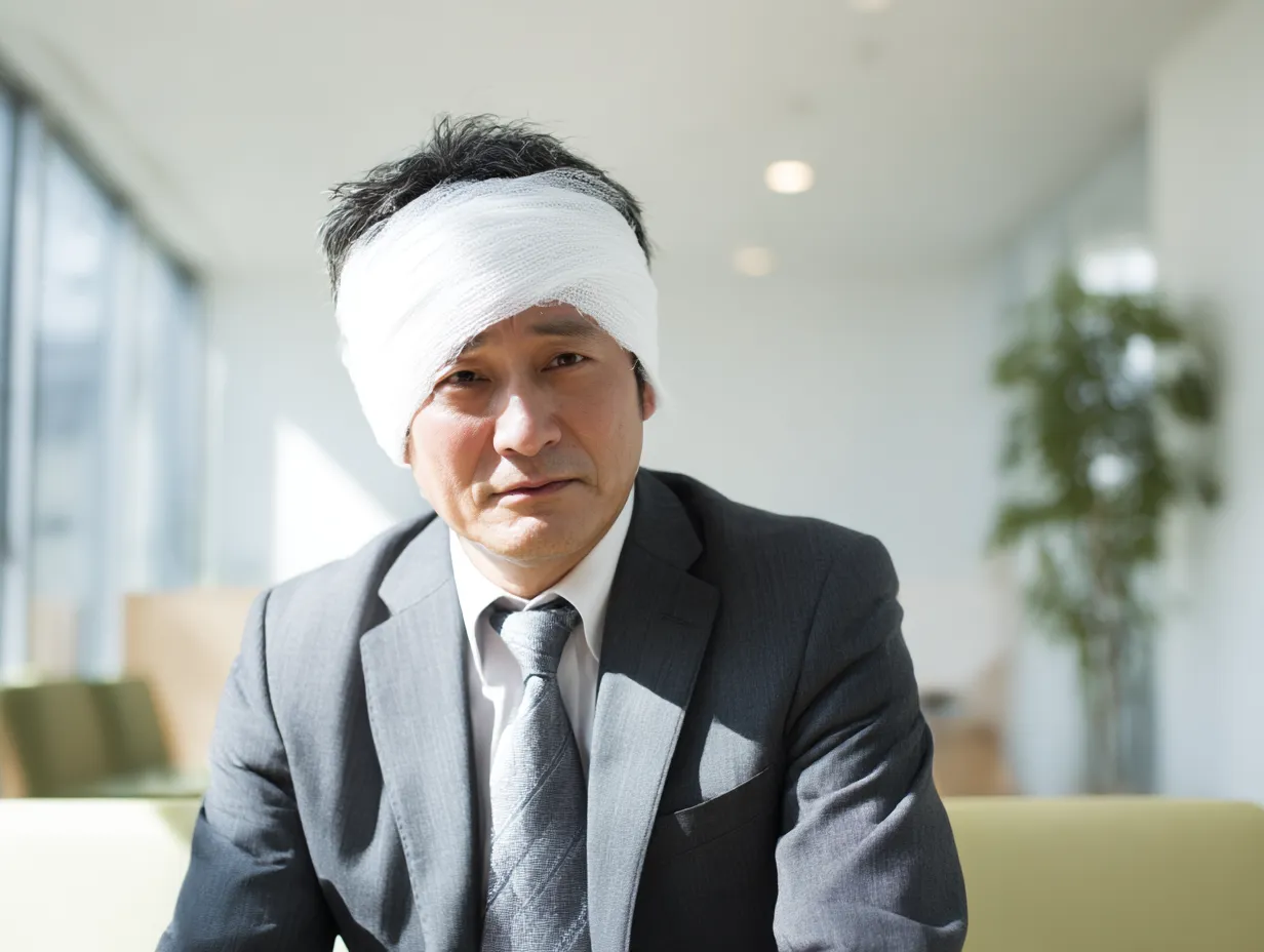 頭に包帯を巻いたスーツ男性の怪我写真｜オフィスの一角で頭に包帯を巻いた中年男性が疲れた表情で座っている場面。白く明るい室内との対比で怪我の深刻さが際立ち、ビジネスシーンの事故を想起させる。