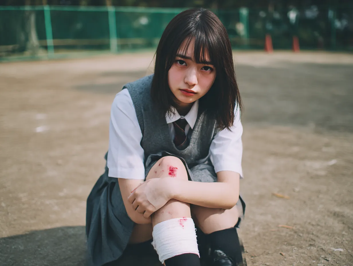 膝を擦りむいた女子学生の怪我写真｜制服姿の女子学生が校庭で膝の擦り傷を抱え座り込む場面。絆創膏と血が痛々しく、青春の一場面と事故の痛みをドラマチックに表現したビジュアル。