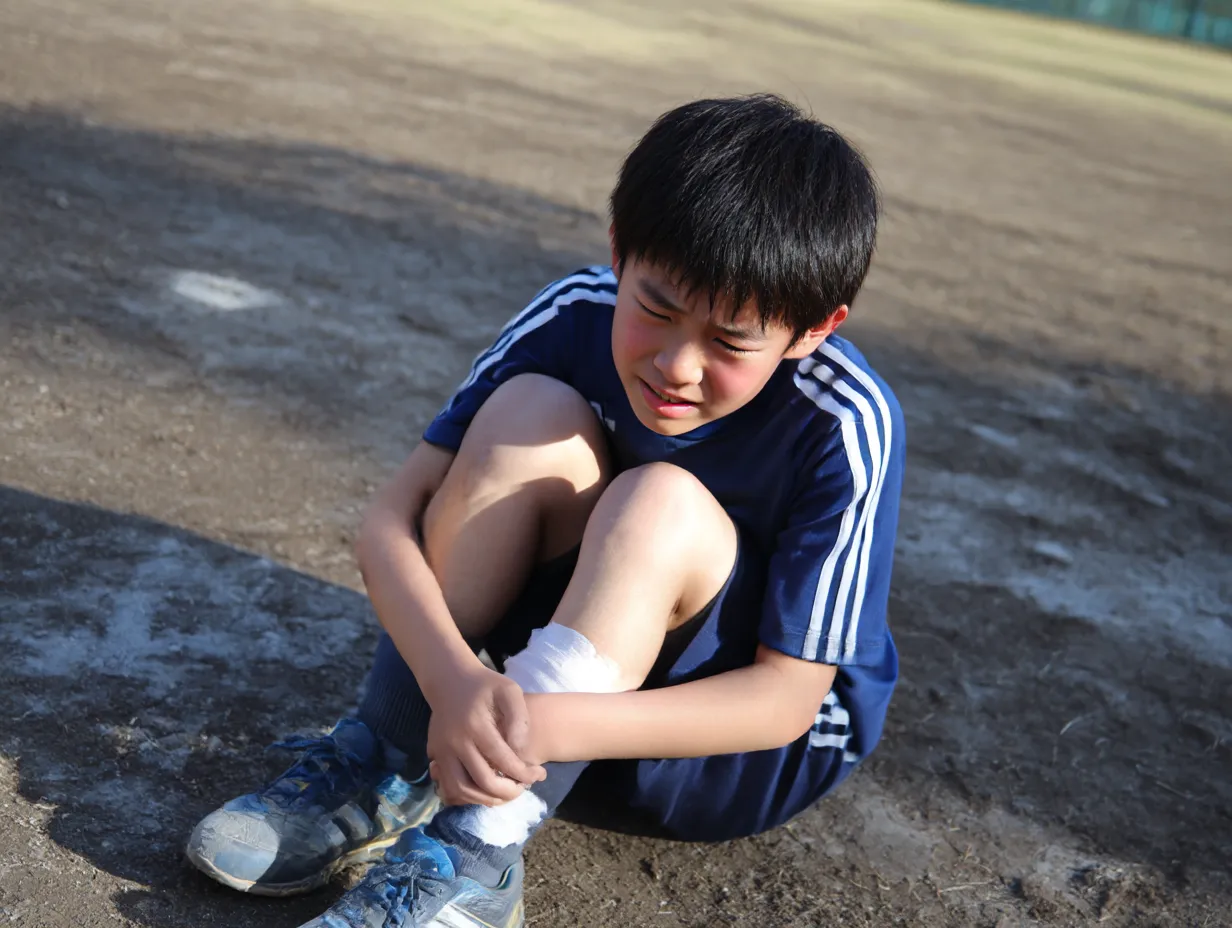 グラウンドで膝を押さえる少年の怪我写真｜運動着姿の少年がグラウンドで膝を押さえ苦しむ姿を捉えた写真。陽光と土の質感が相まって、スポーツ中の怪我のリアルな瞬間を切り取った迫真の構図。