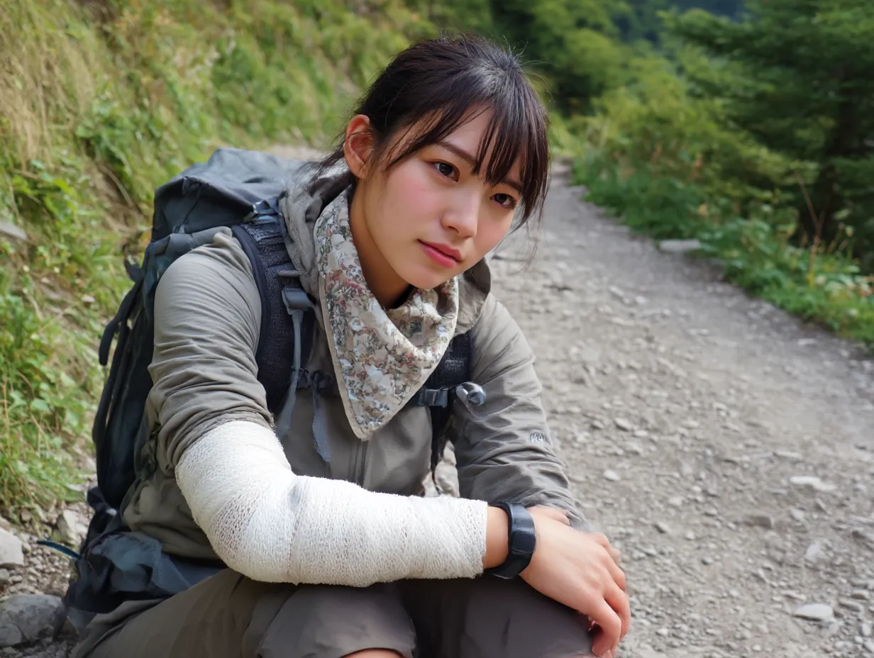 登山中の若い女性の腕骨折写真｜山道に座り込んだ女性が腕に包帯を巻きながら休む姿を捉えた写真。アウトドア用ウェアと背景の自然が融合し、リアルな登山中の負傷シーンを静かに描き出している。