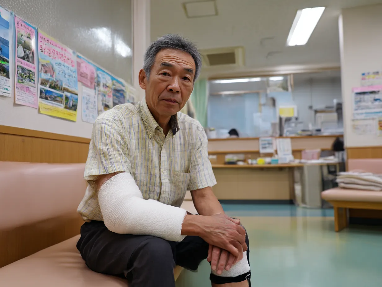 病院待合の高齢男性の腕骨折写真｜病院の待合室で腕を固定された高齢男性が落ち着いた表情で座る様子。生活感のある背景と照明が、ケガ後の現実的な空気を生々しく伝える構図。
