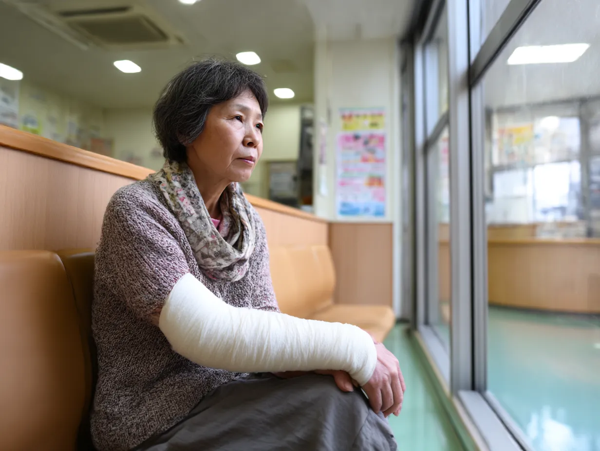 病院で遠くを見つめる女性の腕骨折写真｜診察を待つ女性が窓の外を見つめる姿を描写。包帯を巻いた腕と物思いにふける表情が静かに痛みや不安を伝え、落ち着いた空間との対比が印象的な写真。