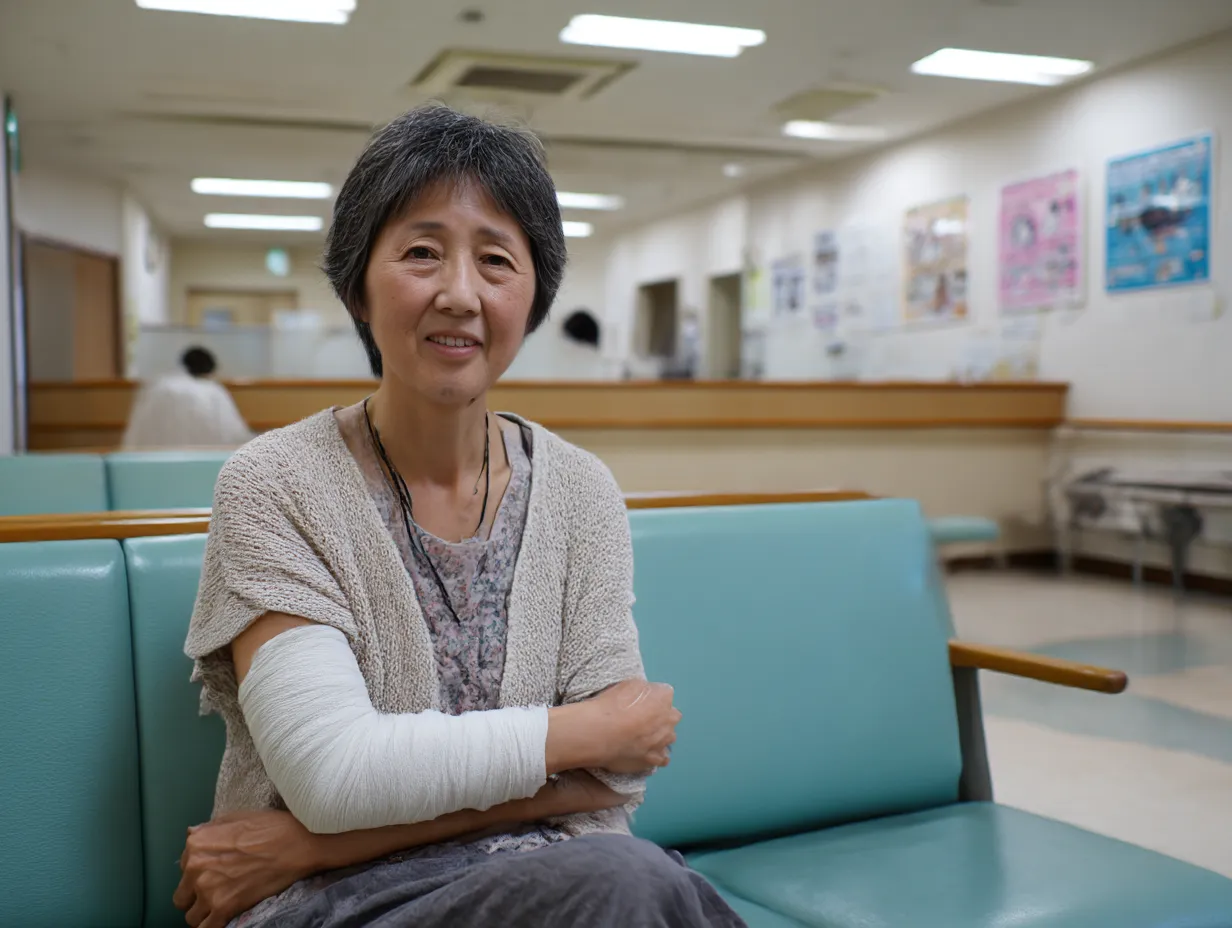 笑顔の中年女性の腕骨折写真｜包帯を巻いた腕を抱えながらも穏やかに微笑む中年女性を捉えた病院内の一枚。優しい照明とナチュラルな背景が、前向きな回復の印象を与えるポジティブな雰囲気。