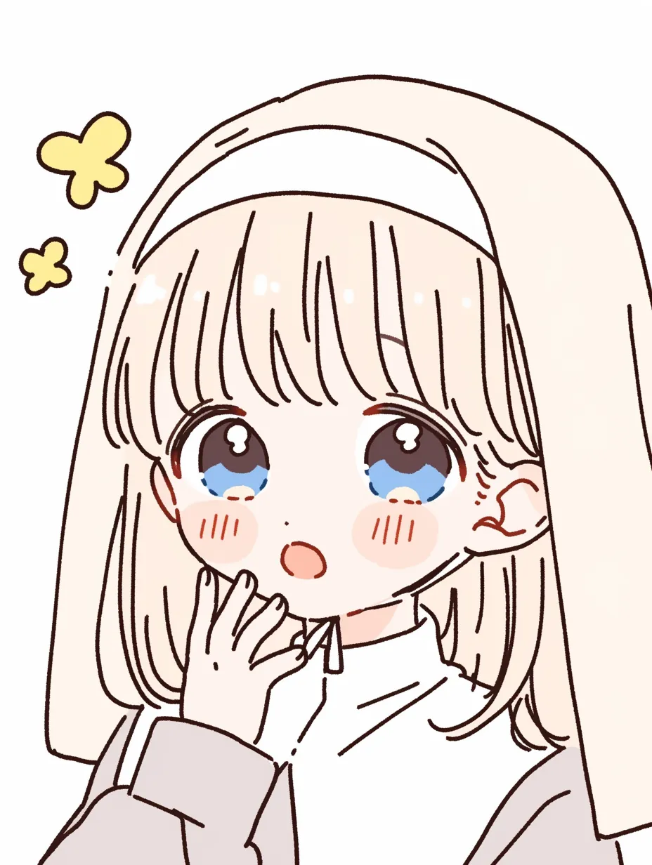 ゆるかわいいシスターのまなざし｜白いヴェールとおどろいた表情が印象的なゆるかわいいシスター。淡い色調と丁寧な線で描かれ、やわらかく神秘的な空気をまとっています。