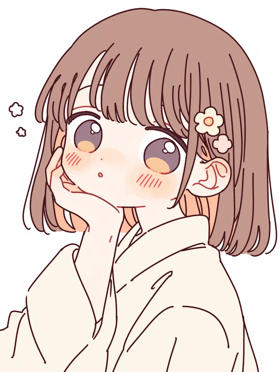ゆるかわいい和服の女の子のしぐさ｜頬杖をついたポーズが印象的なゆるかわいい和服の女の子。落ち着いた表情と線の繊細さが、静けさの中に親しみを感じる仕上がりです。