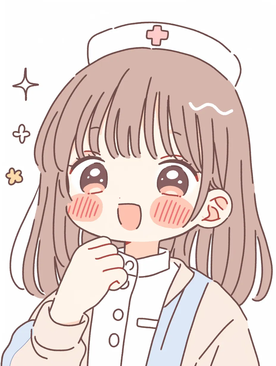 ゆるかわいい看護師の元気さ｜明るく元気な表情とぽってりした線が特徴のゆるかわいい看護師。帽子の赤十字マークがアクセントになり、やさしい雰囲気を醸し出します。