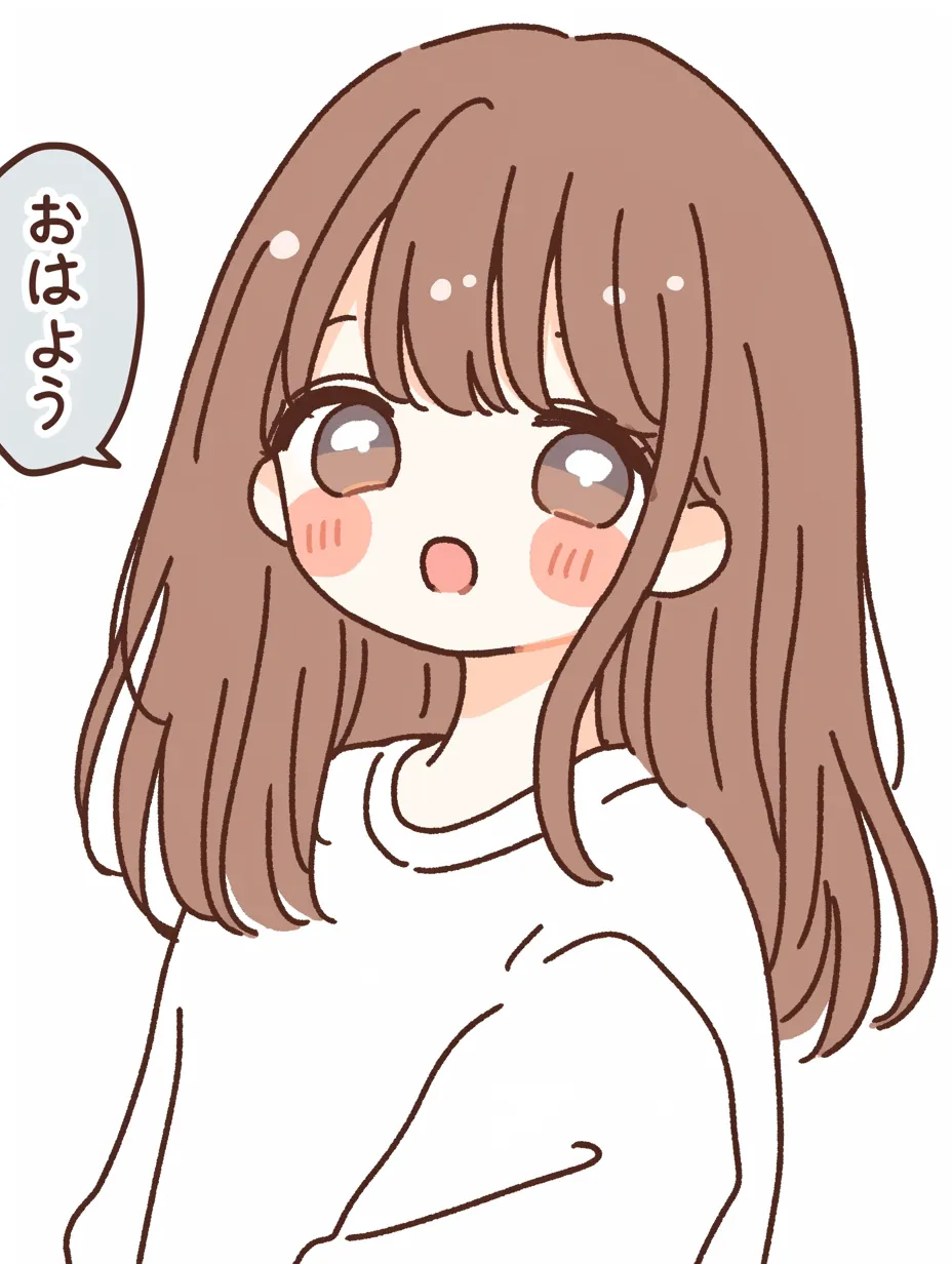 ゆるかわいいおはようの寝起き顔｜まだ少し眠たげなまなざしで「おはよう」とつぶやく女の子。くすみのない色調とやわらかな線が、ゆるかわいい朝の雰囲気をふんわりと伝えてくれます。