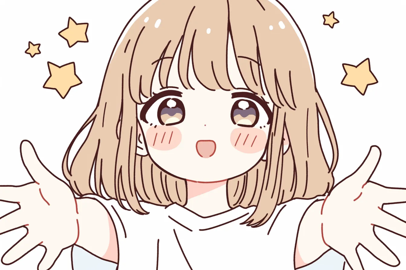 ゆるかわいい手を広げる女の子｜ゆるかわいいスタイルで描かれた女の子が、笑顔で大きく手を広げる構図です。星の装飾が明るい雰囲気を後押しし、歓迎や抱擁のイメージを自然に伝えるデザインです。