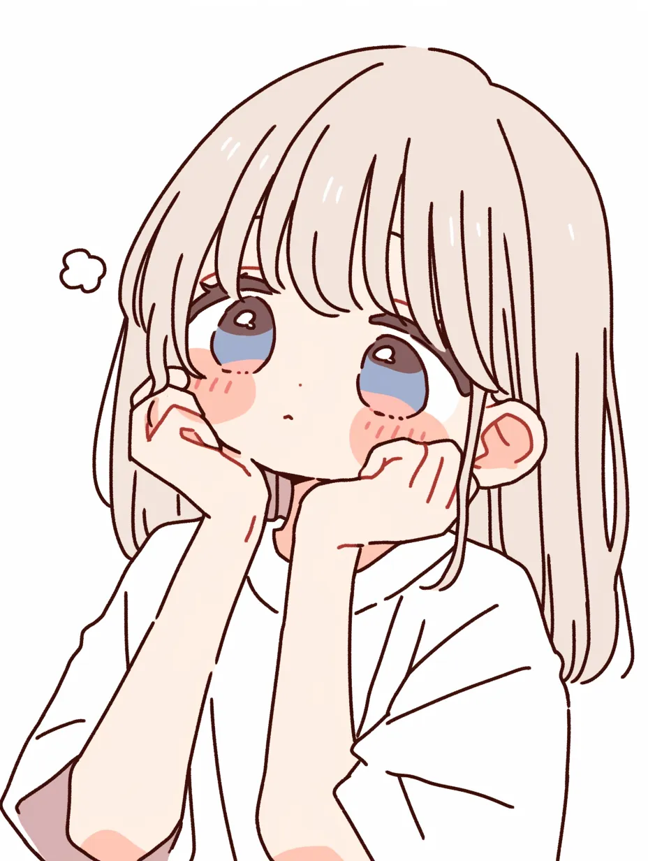 ゆるかわいい考える女の子B｜ゆるかわいい雰囲気で、両頬に手を添えて空を見つめる女の子の姿が印象的です。ため息まじりの仕草や自然な線が、思考に沈むような静かな時間をやさしく表現しています。
