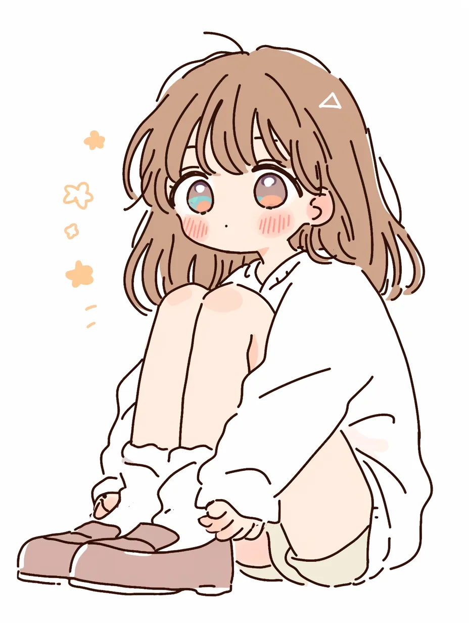 ゆるかわいい体育座りの女の子C｜ゆるかわいい構図で、無邪気な表情を浮かべながら体育座りする女の子が印象的です。やさしい配色と自然体の姿が、思索やおしゃべりのワンシーンにぴったりです。