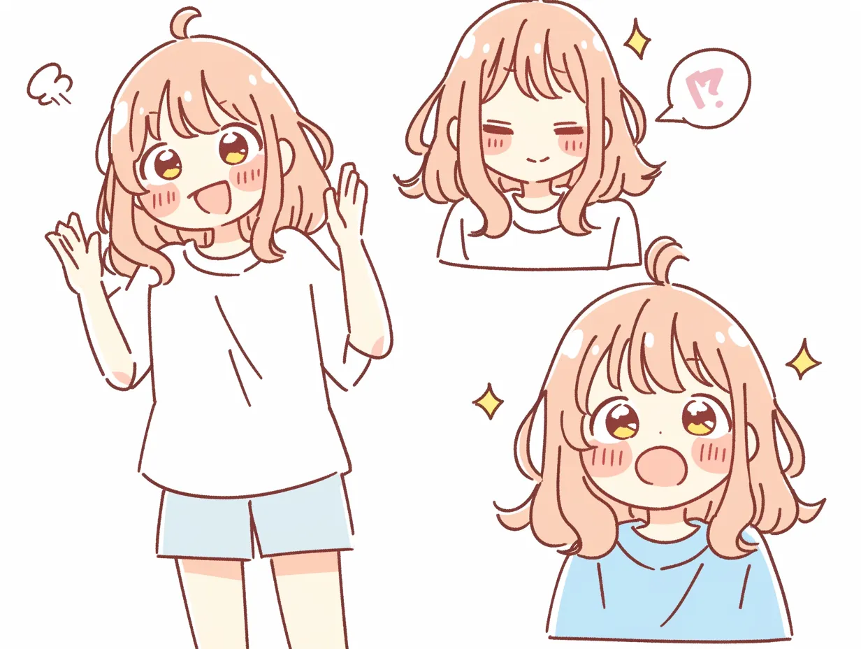 ゆるいピンク髪キャラクター（外はね）｜ふわっと跳ねた毛先と柔らかい頬の赤みが可愛らしいピンク髪キャラクター。自然体のポーズと優しい表情が、見る人にゆるい安心感を届けてくれる。