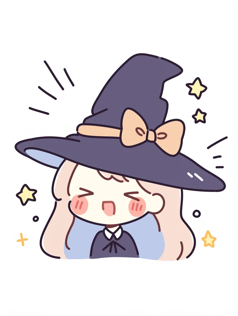 かわいいハロウィンの魔女｜大きなリボン付き帽子が目を引くかわいいハロウィンの魔女。笑顔と星のあしらいが、ハロウィンの楽しさと元気な雰囲気をやさしく伝えています。