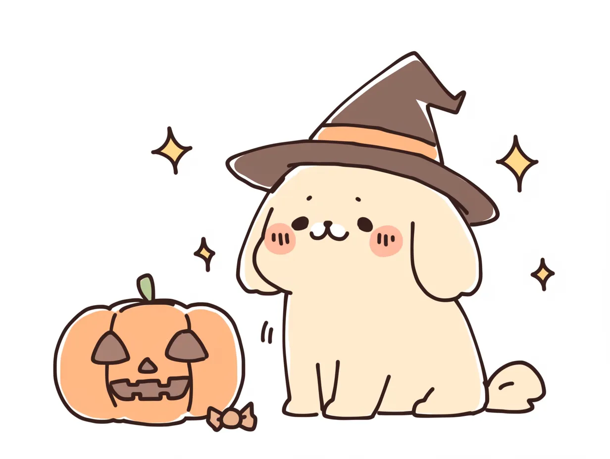ハロウィン犬のまじょ帽子｜魔女の帽子をかぶったハロウィン犬が、ジャックオーランタンの隣でちょこんと座る姿が印象的。やさしい配色と表情が温かな空気感を生み出しています。