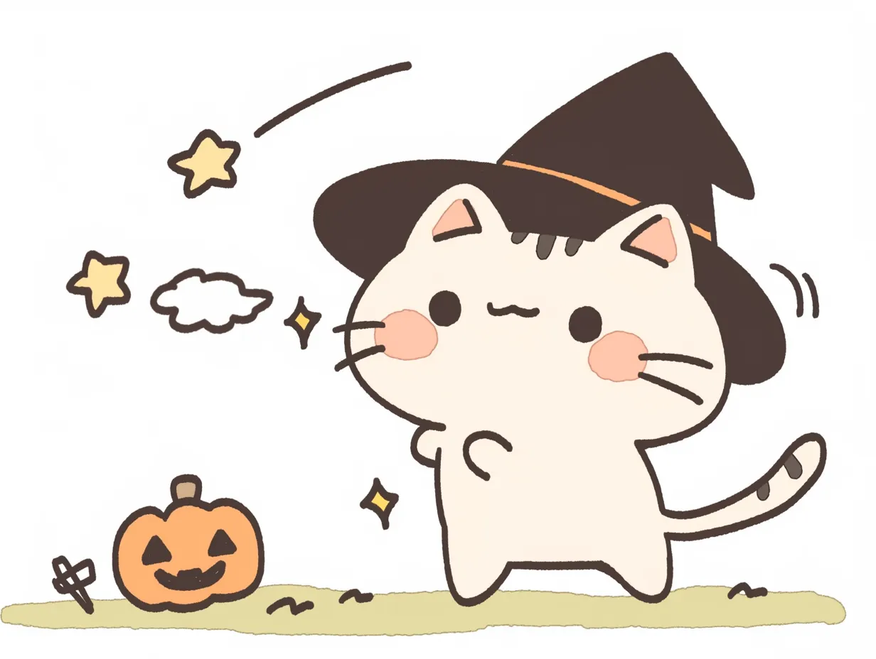 ハロウィン猫のほっぺキラリ｜魔女帽子をかぶったハロウィン猫が星やカボチャとともに登場。ピンクの丸ほっぺとシンプルな線で描かれた表情が、季節の可愛らしさを引き立てます。