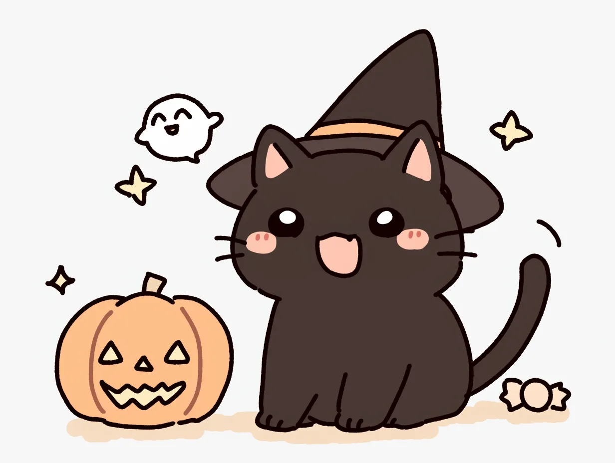 ハロウィン黒猫のごあいさつ｜ジャックオーランタンやおばけと一緒に、魔女帽子のハロウィン黒猫が笑顔でお出迎え。くっきりした目元が背景の星と合わさって、夜の楽しさを感じさせます。