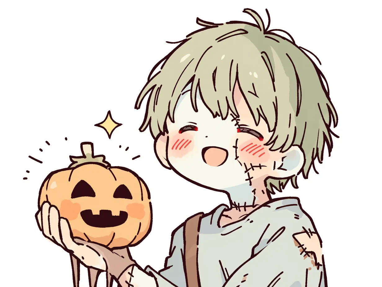 ハロウィンゾンビの笑顔｜パッチワークのような縫い目が特徴的なハロウィンゾンビ。明るい表情と、手にしたかぼちゃの笑顔が重なり、ちょっぴり不気味であたたかな雰囲気を演出しています。