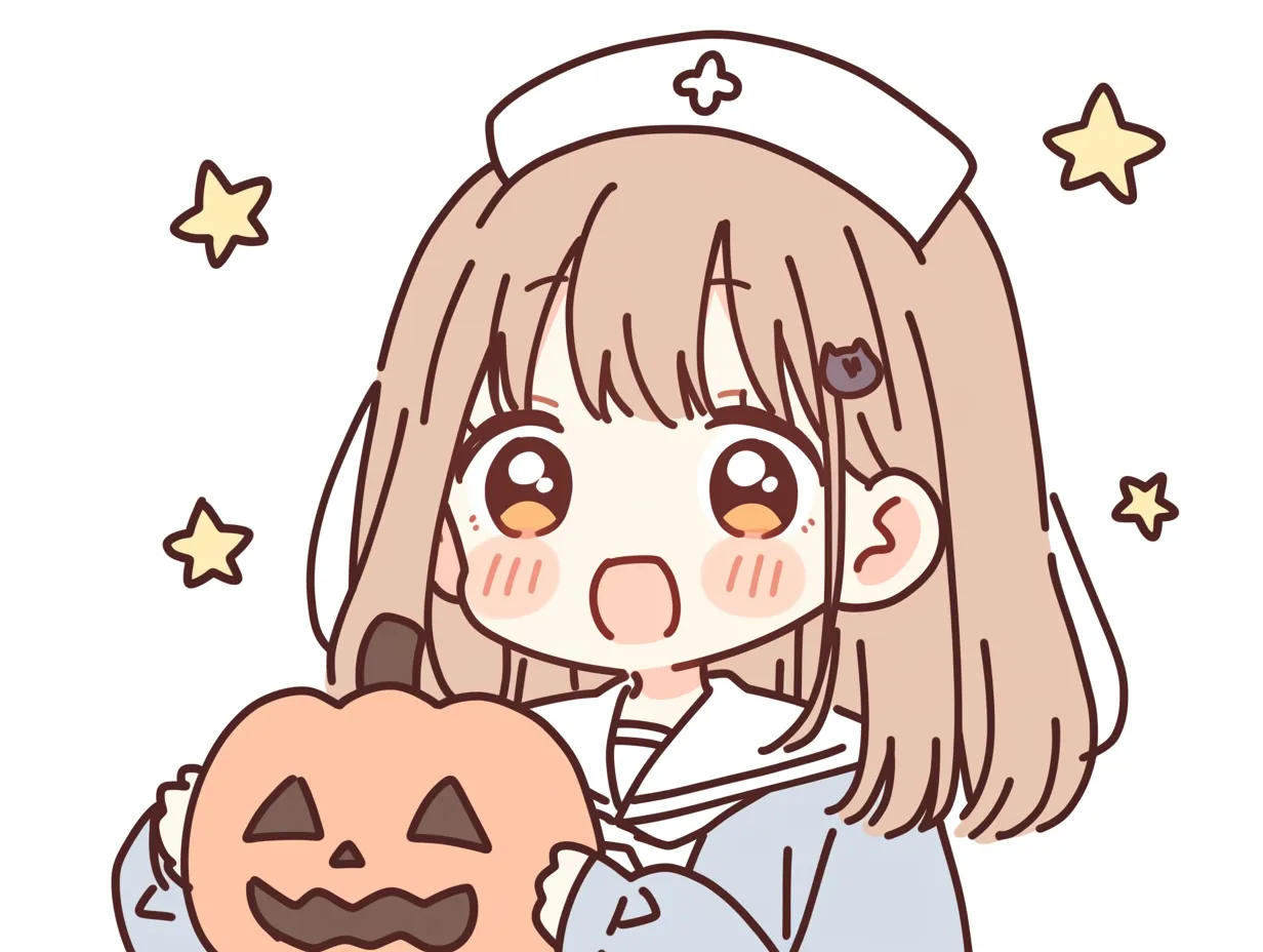 ハロウィンナースのまなざし｜ジャックオーランタンを抱えるハロウィンナース。白衣のような帽子と制服、きらきらした目が特徴で、星の装飾がハロウィンの魔法のような空気を引き立てています。