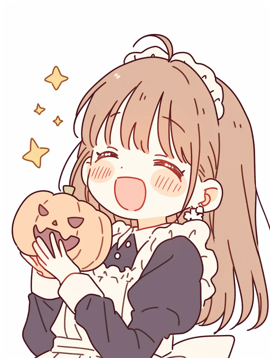 ハロウィンメイドの満面笑顔｜満面の笑顔でかぼちゃを抱えたハロウィンメイド。エプロンやフリルが可憐さを強調し、背景の星や照れた表情がにぎやかなハロウィンの楽しさを表現しています。