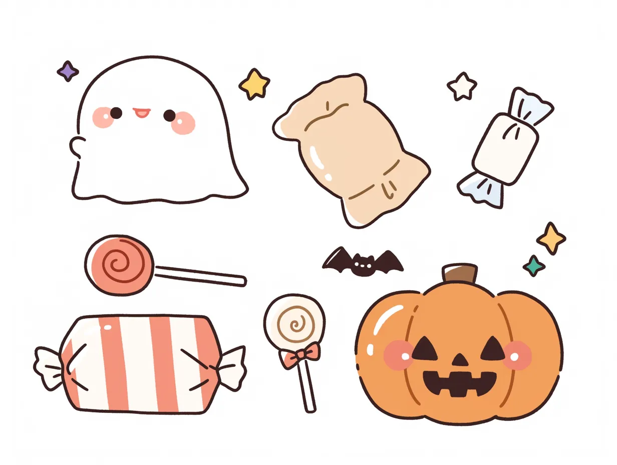 かわいいハロウィンの仲間たち｜かぼちゃ・おばけ・お菓子がずらりと並んだかわいいハロウィンの仲間たち。丸みを帯びた形と柔らかい色合いで、親しみやすいハロウィンの世界が広がります。