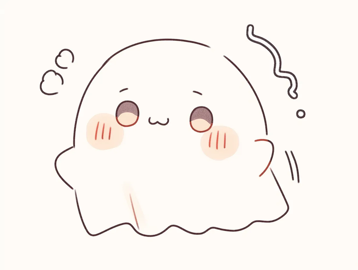 ハロウィンおばけの困り顔｜少しだけ不安げな様子が愛らしいハロウィンおばけ。頬の赤みやうねる線が、感情豊かなおばけのキャラクター性をやわらかく表現しています。