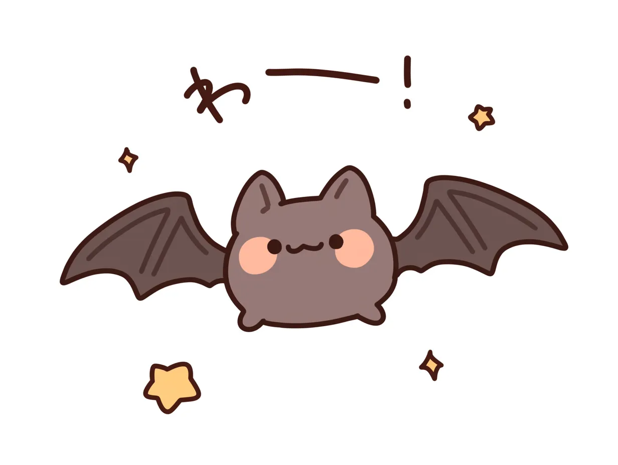 ハロウィンコウモリのびっくり顔｜「わー！」の文字と広がる羽で勢いを感じるハロウィンコウモリ。丸いほっぺとコンパクトな体が恐さよりもかわいらしさを印象づけています。